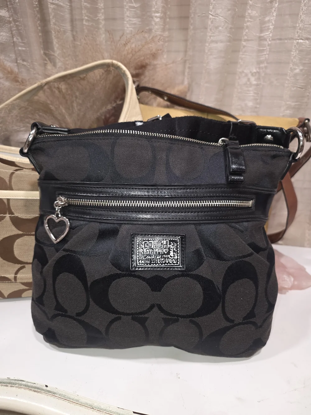 Coach Signature Canvas Satchel in Brown with Yellow Trim 4 PC BUNDLE